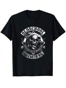 Black T-Shirt With Old School Style Criminal Skull Graphic And Text, Casual Wear, Round Neck, Regular Fit, Short Sleeve, Medium Stretch Fabric, Perfect For All Seasons - Black - View 7