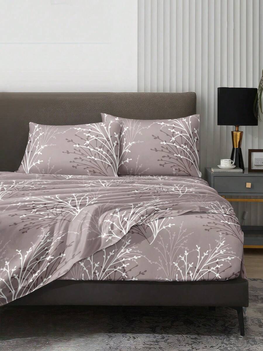 4-Piece Floral Plant Pattern Bedding Set, Easy Care Soft Bedding Set, Includes 1 Flat Sheet + 1 Fitted Sheet + 2 Pillowcases, Suitable For King/Queen/Full/Twin Sizes, Deep Pocket Fitted Sheet Fits Up To 11.8 Inch Mattress, Soft Breathable Wrinkle-Resistant - Dusty Pink - View 1