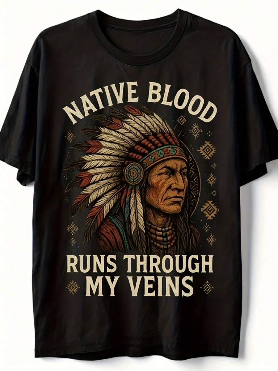 Camiseta "La Sangre Nativa Corre Por Mis Venas" - Camiseta de Orgullo Herencia Nativo Americano, 220GSM Algodón Puro Retro Cultural para Hombres y, Diseño para powwows, reservas y Comunidades Indígenas - Negro - Ver 1
