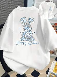 Camiseta de manga corta% algodón con estampados frontales y traseros, diseño de conejo de Pascua y estampado floral azul, cuello redondo, top casual de manga corta para mujer - Ropa de mujer, ajuste cómodo, diseño clásico adecuado para todas las estaciones, se puede usar como capa base en primavera y otoño o sola en verano, estilo unisex, perfecta para novias, top moderno de algodón de alta calidad. - Blanco - Ver 1