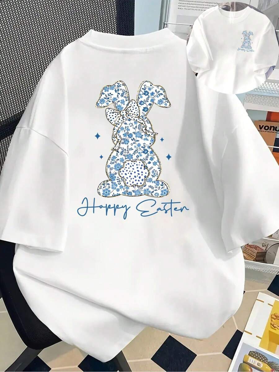 Camiseta de manga corta% algodón con estampados frontales y traseros, diseño de conejo de Pascua y estampado floral azul, cuello redondo, top casual de manga corta para mujer - Ropa de mujer, ajuste cómodo, diseño clásico adecuado para todas las estaciones, se puede usar como capa base en primavera y otoño o sola en verano, estilo unisex, perfecta para novias, top moderno de algodón de alta calidad. - Blanco - Ver 1