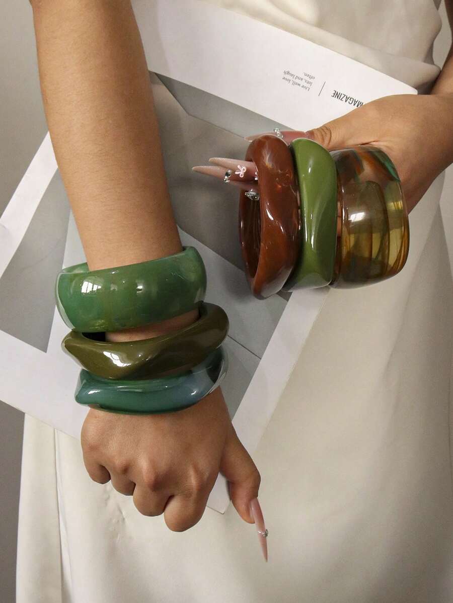 3pcs Tie Dye Green Striped Bangle Set, Asymmetric Stackable Bracelets Suitable For Vacation & Everyday Wear - Grass Green - View 1