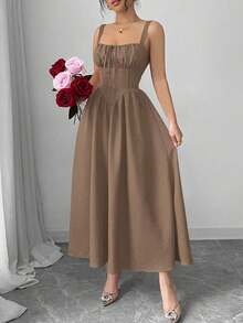 Women's Plain Red Maxi Dress For Summer 2025, Perfect For Valentine's Day Or Holidays, Featuring Ruffles At The Front, A Bow, An Asymmetrical Neckline, And A Slimmed Waist - 卡其色 - 查看 10