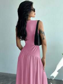 Vestido largo de color verde oliva de uso diario simple para mujer, sin mangas con cintura fruncida - Rosa - Ver 2