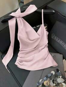 Women's Solid-Color, Asymmetrical, Pleated-Waist Tank Top, Ideal For Spring/Summer, Romantic French Sicilian Style, Elegant And Casual, For Work, Vacation, Afternoon Tea, Valentine's Day, Weddings And Parties - 白色 - 查看 5