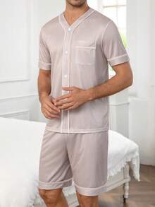 Men's Sleepwear Set, Lightweight V-Neck Cardigan & Shorts, Solid Color Pockets, Soft & Comfortable Summer Pajamas - Multicolor - View 5