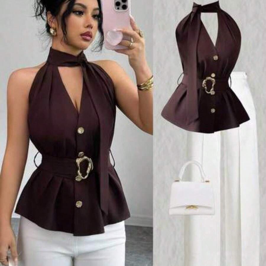 Yunuo Menswear Camiseta de mujer de unicolor con diseño de cuello halter plisado y abotonadura sencilla - Marrón - Ver 1