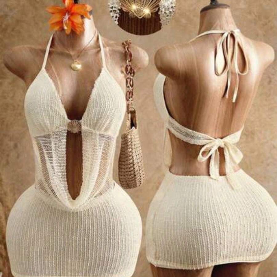 Soqi Women's Clothing Vestido corto de fiesta elegante con cuello halter y cintura anudada de unicolor, vestido de playa sexy, conjunto de bikini de dos piezas con top y falda, ropa de verano sexy para mujer, vestido de vacaciones, vestido de playa, conjunto de ropa de verano, vestido de primavera, conjunto de playa de ganchillo, ropa de verano, conjunto de ropa de verano para mujer, conjunto de ropa de playa para mujer, cubrecosturas de playa para mujer - Albaricoque - Ver 1