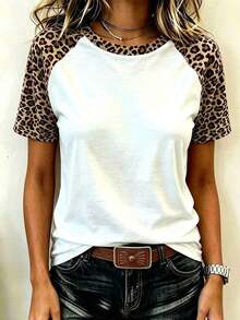 Camiseta de manga raglán de cuello redondo con estampado de leopardo y parches, de estilo casual de verano - Multicolor - Ver 4