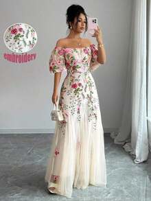 Vestido maxi entallado de línea A con estampado de flores y malla elegante para mujer - Multicolor - Ver 4