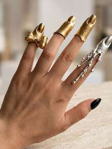 4 piezas Conjunto de anillos góticos y punk para mujeres - Armadura de dedos y anillos de puntas de estilo audaz | Diseños de gotas líquidas de plata fundida y lazos dorados | Joyería de moda ajustable y apilable | Regalo para cosplay, fiestas y eventos especiales - Multicolor - Ver 4