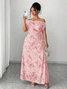 Vestido largo de fiesta elegante con hombros descubiertos, cintura ceñida y estampado floral favorecedora para tallas grandes - Rosa Pálido - Ver 8