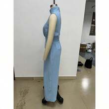 Conjunto Primavera Blusa Sin Mangas Mezcla Algodón Lino Sólida Elegante para Mujer + Pantalones Anchos - azul cielo - Ver 3