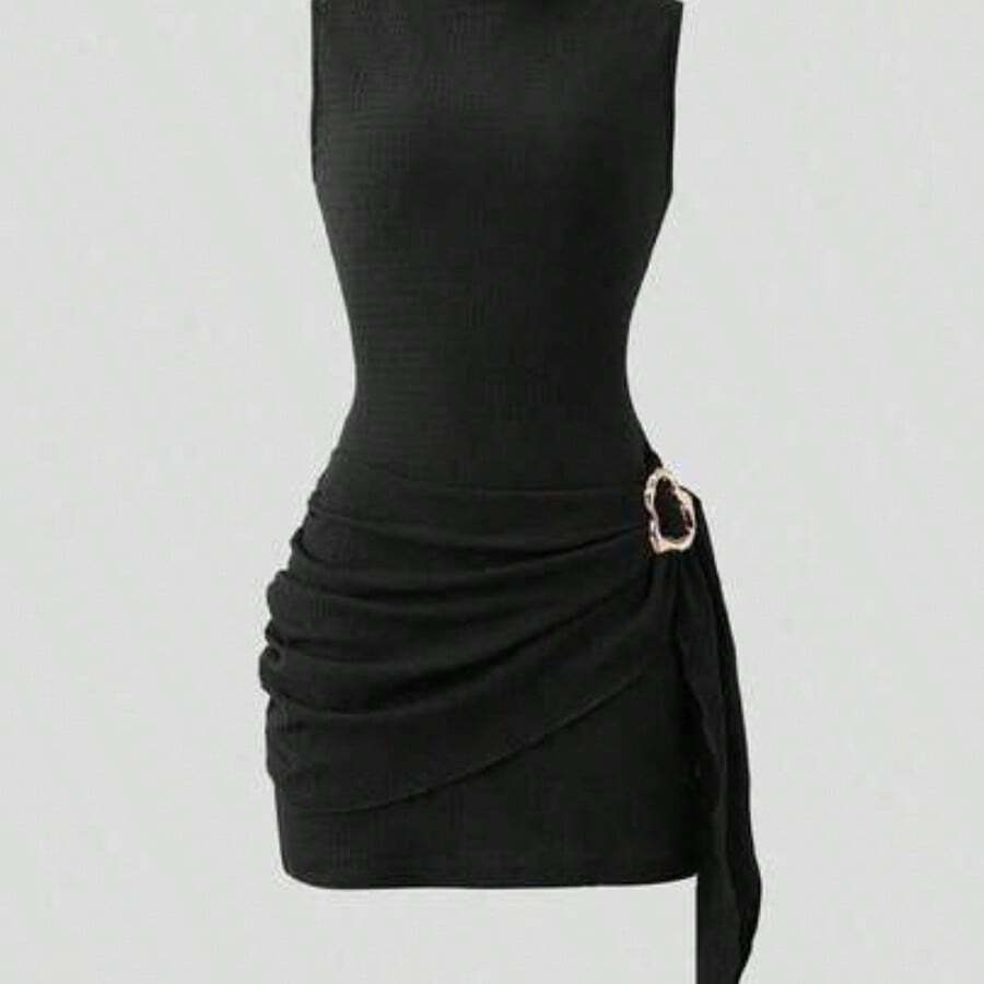 Nana's Women's Clothing Store Nuevo vestido elegante y sexy de primavera/verano para citas, de cuello alto, con hebilla metálica, fruncido y sin mangas, de silueta ajustada para mujeres - Negro01 - Ver 1