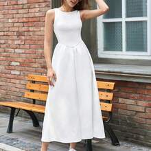 guang zhou mi qian shang mao Maija Vestido casual de mujer de longitud media, ajustado, de patchwork de unicolor, sin mangas, con silueta evasé, elegante y de moda - Blanco - Ver 8