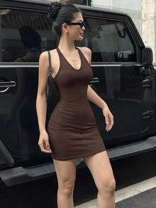 Vestido largo maxi envolvente de mujer con escote en V y ajuste ceñido al Body - Marrón 2 - Ver 4