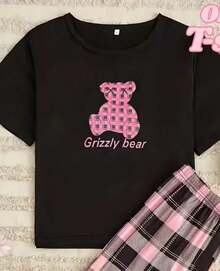 Women's 100% Pure Cotton Casual Printed T-Shirt With Plaid Bear And Letter Print, Comfortable Short-Sleeved Round Neck Pajamas, Comfortable And Casual Women's Loungewear. - 黑色4 - 查看 7