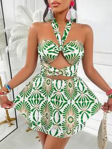 AIJ Green Floral Print Halter Cutout Mini Dress Tie Front Layered Ruffle Hem Back Tie Summer Beach Vacation Dress - White Green - View 6