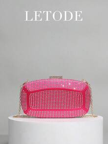Shiny Rhinestone Hot Pink Clutch Bag, Suitable For Party, Romantic Wedding, Spring/Summer Chain Shoulder Bag, Bridal Bag, Formal Ball Clutch, Elegant Evening Gown Bag, Perfect For Party, Wedding, Ball Dinner, Matches Holiday Party Dress, Evening Gown And Sequin Dress, Perfect Match For Women's Party Dress, Essential For Wedding, Perfect Match For Graduation Dress, Ball Gown And Ball Accessories, Wedding Clutch - Hot Pink - View 4
