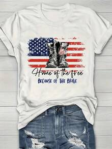 1 Piece Of Stylish And Vibrant American Flag Print T-Shirt - Versatile, Easy To Maintain And Comfortable, Casual Women's T-Shirt For All Seasons, 180g 100% Cotton. - 白色 - 查看 5