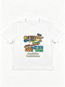 女款夏季Y2K風格短版T恤，修身圓領短袖，印有「Sun & Fun」可愛熊度假圖案；彈性針織面料，觸感柔軟親膚，搭配高腰牛仔褲即可輕鬆打造復古美式休閒夏日風 - 白色 - 查看 7