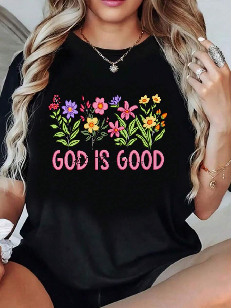 Camiseta floral suave para mujer con la frase "God is Good" - Top de cuello redondo con estampado de versículos, adecuada para vestimenta informal de iglesia, lavable a máquina, ideal para reuniones religiosas y uso diario. UVJA - Negro - Ver 1