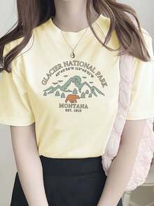 Camiseta de algodón ligero para mujer, edición limitada, con diseño del oso del Parque Nacional Gracire, Montana. - Negro - Ver 7