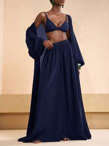 Conjunto de kimono y pantalones palazzo elegantes y casuales para la playa, 2026 - Azul marino - Ver 3