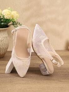 Minimalist Soft Beige Lace Thin Strap High Heel Sandals, Crystal Heel, Versatile Elegant, Suitable For Girls' Performance Wear - Beige - View 5