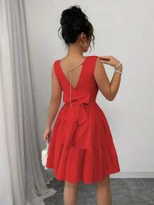 Vestido de mujer unicolor con cuello redondo, sin mangas, con cintura ajustada, decoración de lazo y falda de patinadora - Rojo - Ver 2
