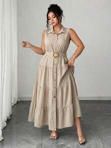 Vestido camisero de talla grande para mujer, de unicolor, casual, con un solo botón delantero y sin mangas, vestido plisado, para verano - Albaricoque - Ver 4