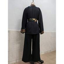 Conjunto de dos piezas para mujer primavera‑verano, estilo retro con estampado, blusa holgada de cuello en V profundo sexy con cordón y pantalones de pierna ancha - Negro - Ver 6