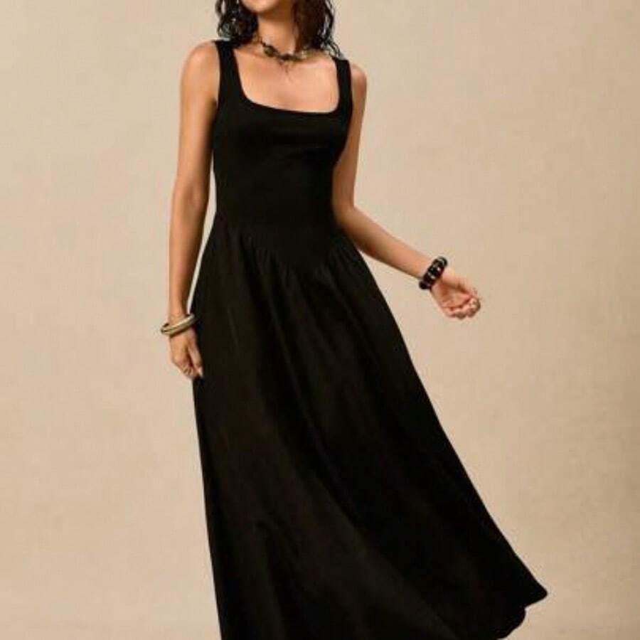 guang zhou mi qian shang mao Falda larga de punto negra sólida, de longitud hasta el piso, holgada - Negro01 - Ver 1