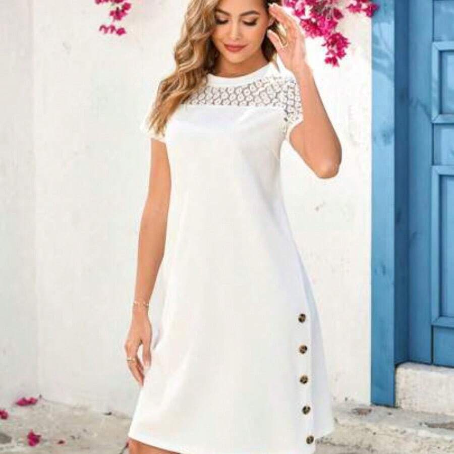 guangzhougaolangshangmao Clasi Vestido de encaje con detalles de botones y parches para dama - Blanco - Ver 1