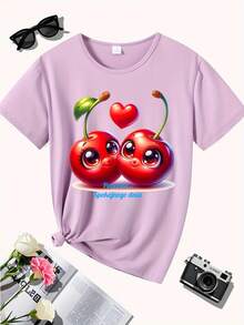 Solo un día de paz, Amor de cereza, Edición especial de San Valentín, Corazón, Regalo, Edición especial, Nueva camiseta de mujer de cuello redondo casual deportiva cómoda para las cuatro estaciones - Morado - Ver 8