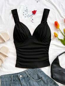 Camiseta de mujer elegante de vacaciones de tela de punto con estampado de lunares, con tirantes retorcidos y fruncidos, de ajuste ceñido, adecuada para vacaciones, citas, té de la tarde, playa, crucero, viaje a la ciudad, vacaciones en la isla, festival de música, vacaciones bohemias, se puede usar por dentro o por fuera.Parte superior con estampado de lunares, top de tirantes con estampado de lunares, blusas de verano lindas para mujer con estampado de lunares, top básico con estampado de lunares - Negro - Ver 5