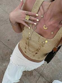 Camiseta sin mangas de punto con cuello cuadrado brillante y estilo Y2K sexy y lindo para mujer, ideal para uso casual, al aire libre, citas, diario, calle, viajes, vacaciones, festivales de música, festivales rurales, color dorado claro para verano - Dorado - Ver 5