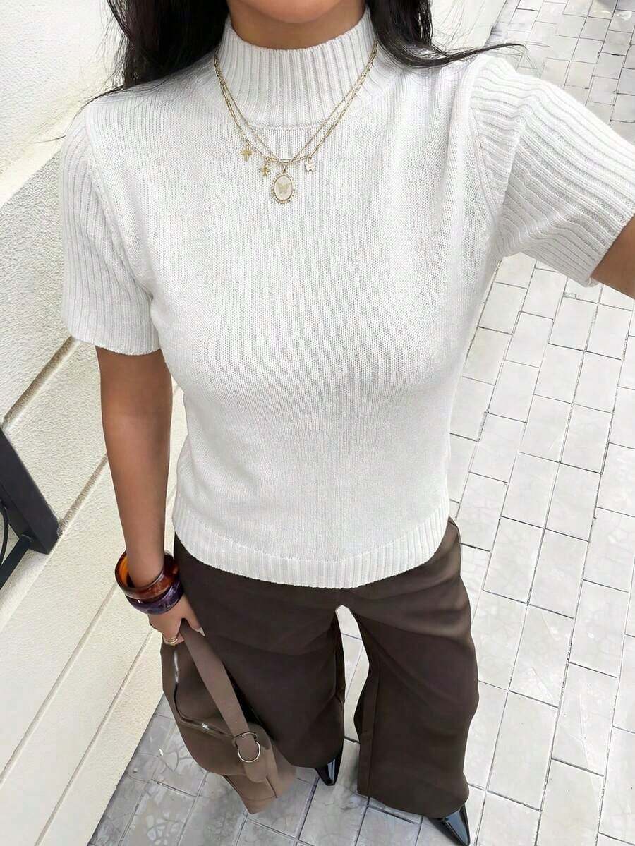 Blusa de punto de cuello alto de unicolor de manga corta para mujer, para todas las estaciones - Blanco - Ver 1