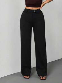 Pantalones rectos casuales de mujer de unicolor con cinturón - Negro 2 - Ver 6