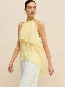 Women Chiffon Halter Tops Summer Trendy Asymmetrical Layered Backless Shirts for Streetwear Aesthetic Grunge Clothes - amarillo claro - Ver 1