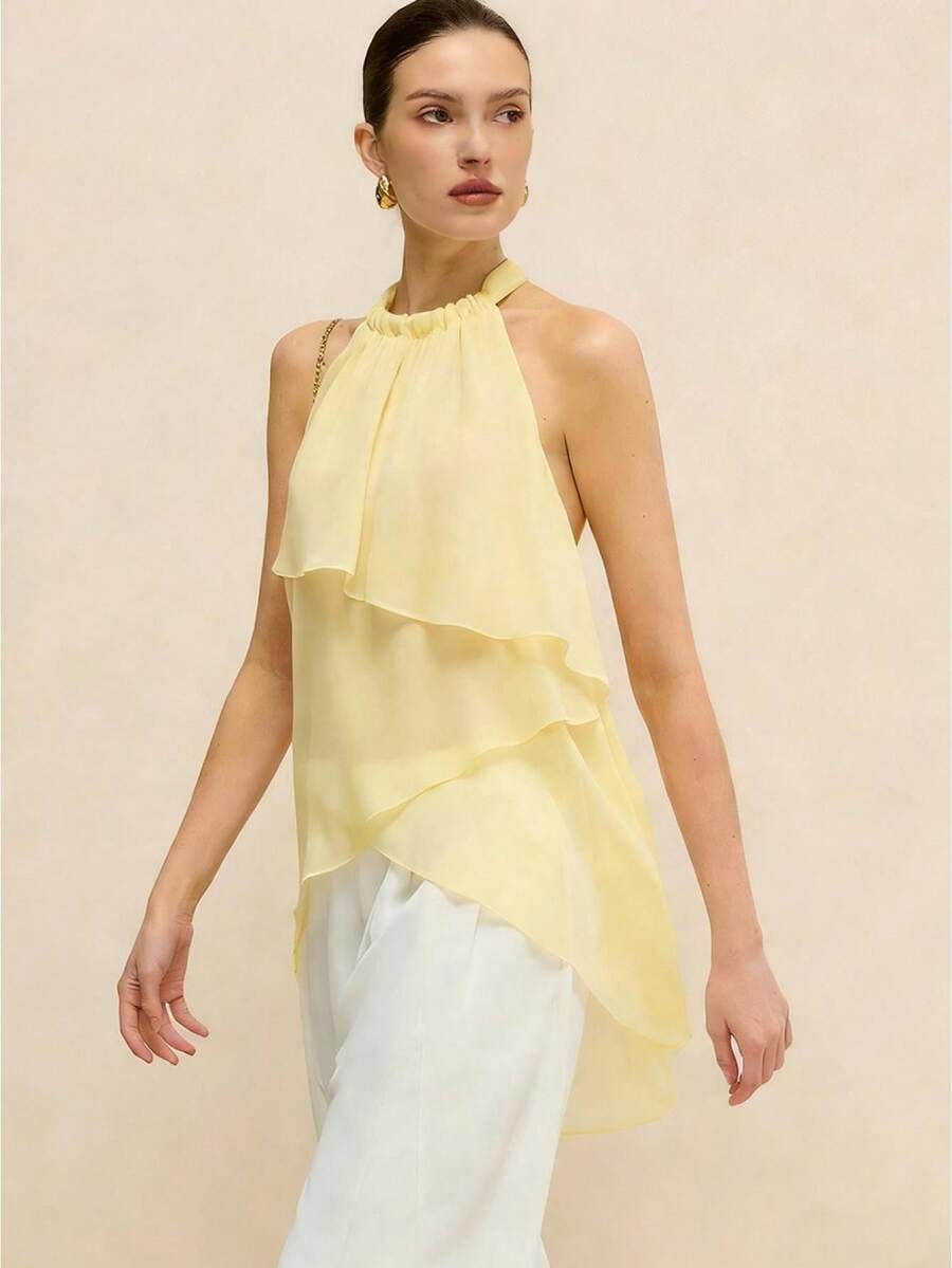 Women Chiffon Halter Tops Summer Trendy Asymmetrical Layered Backless Shirts for Streetwear Aesthetic Grunge Clothes - amarillo claro - Ver 1