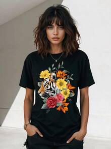 1 pieza de blusa elegante y novedosa para mujer con estampado floral de tigre, camiseta blanca y negra, 180g, 100% algodón. - Blanco - Ver 1