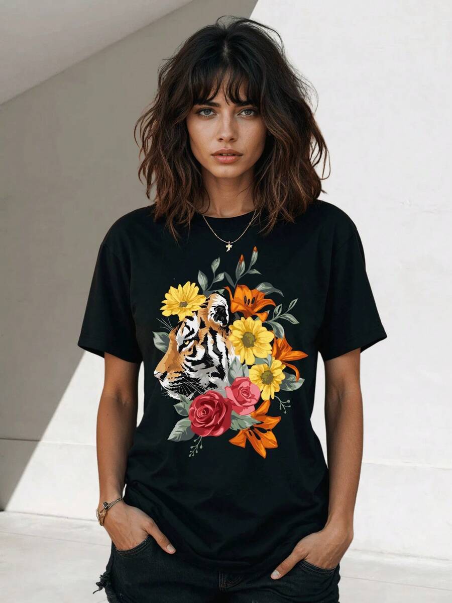 1 pieza de blusa elegante y novedosa para mujer con estampado floral de tigre, camiseta blanca y negra, 180g, 100% algodón. - Blanco - Ver 1