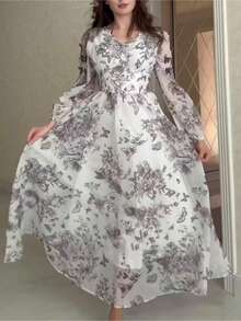 Elegant Maxi Summer Dress, High Waist, French Style, Fitted, Full Skirt, Perfect For Vacation - Grey - View 7