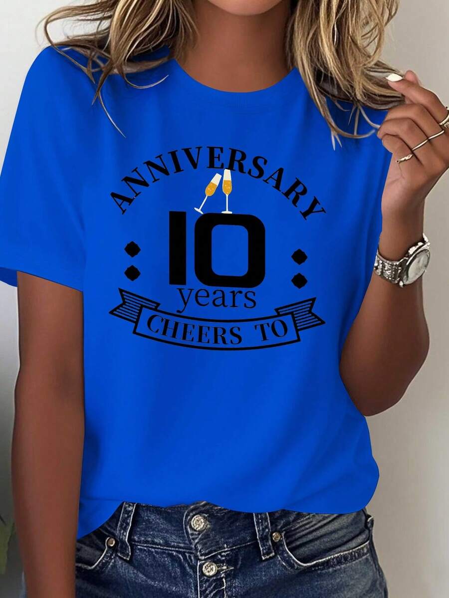 Camiseta de algodón puro para mujer - Edición de celebración del décimo aniversario, top casual y cómodo para celebraciones, lavable a máquina y adecuada para todas las estaciones, ideal como regalo de décimo aniversario para mujeres. - Azul - Ver 1