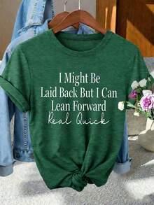 2026SummerELYSIAN WEAR Camiseta de Mujer 180G, Corte Holgado Casual, Cuello Redondo, Manga Corta, Estampado Gráfico con la Frase divertida "Puede que sea relajada, pero puedo inclinarme hacia adelante muy rápido". Ideal para uso diario, cómoda y suave, de mezcla de algodón, adecuada para mujeres que aman el humor y el estilo relajado. Camisetas gráficas holgadas y cómodas. - Verde - Ver 1