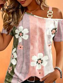 New Fashion Contrast Color Floral Print Off Shoulder Blouse For Women Vacation Summer - Green - View 6