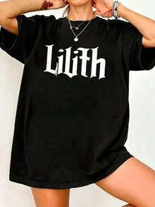 1 pieza, 100% algodón puro, nuevo estilo de verano, camiseta vintage para mujer con estampado de la letra 'Lilith', ligera, transpirable, de cuello redondo, lavable a máquina, elección perfecta para la moda femenina de primavera-verano 2026, lavable a máquina. Un regalo para familiares, hermanos, amigos, padres o maestros. 180g Algodón 100%. - Negro - Ver 10