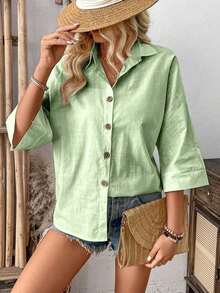 Camisa de manga de murciélago de unicolor casual de vacaciones - Verde - Ver 6