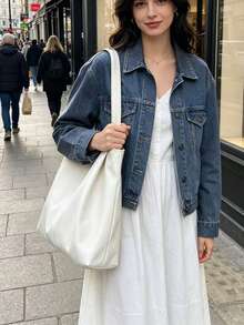 新款時尚大容量優雅韓系休閒極簡輕量百搭慵懶純色PU皮革女款肩背托特手提包，適合年輕女士通勤、出遊、購物、工作、學習 - 白色 - 查看 4